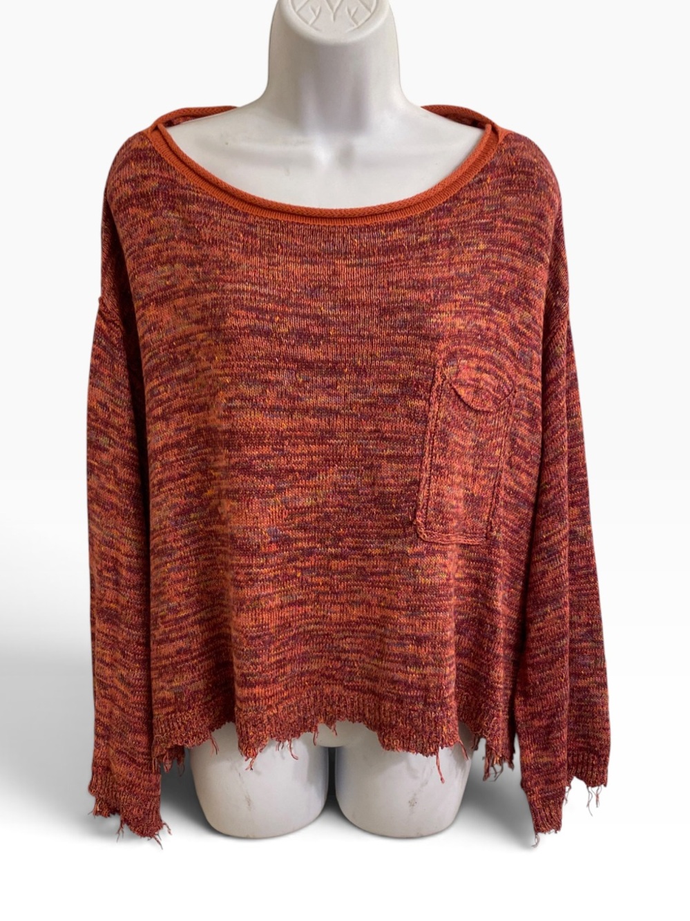 FREE PEOPLE Marled Rust Orange Scoopneck Destructed Cropped Oversized Sweater XS